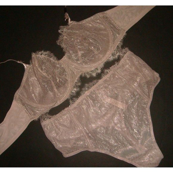 Victoria's Secret unlined 36D BRA SET thong taupe PINK gold foil lace VERY SEXY - Picture 2 of 7